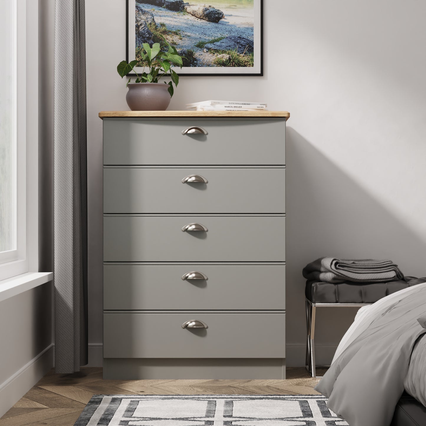 Victoria Tall Chest of Drawers Grey & Light Oak 5 Drawers 77cm