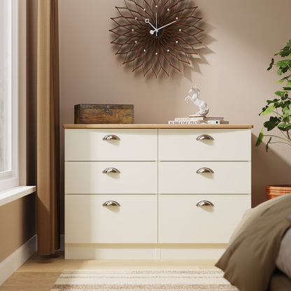 Victoria Large Chest of Drawers Cream & Light Oak 6 Drawers 112cm