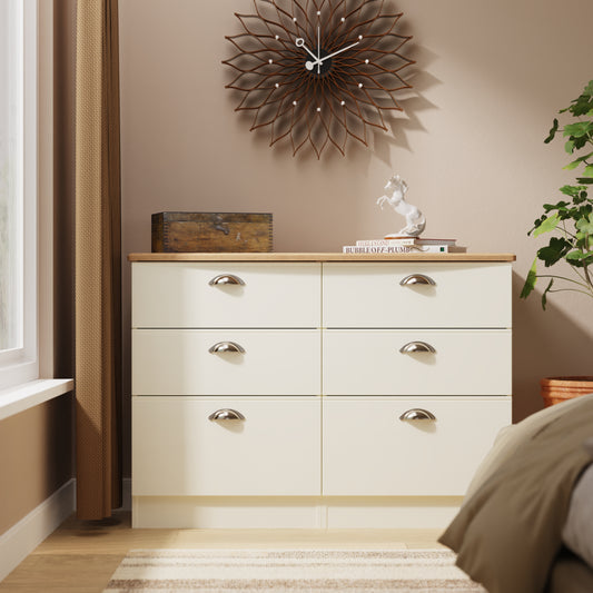 Victoria Large Chest of Drawers Cream & Light Oak 6 Drawers 112cm