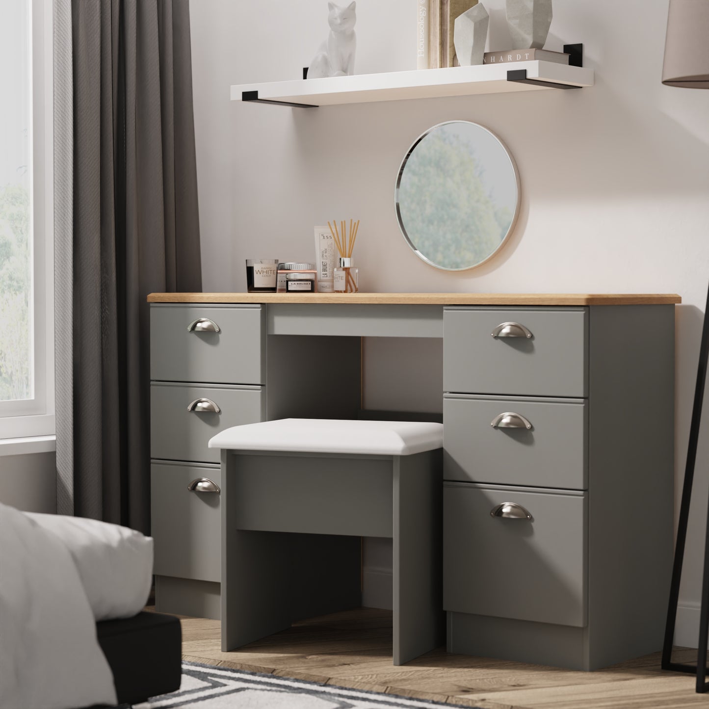 Victoria Desk Grey & Light Oak 6 Drawers 128cm