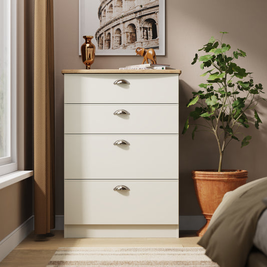 Victoria Tall Chest of Drawers Cream & Light Oak 4 Drawers 77cm