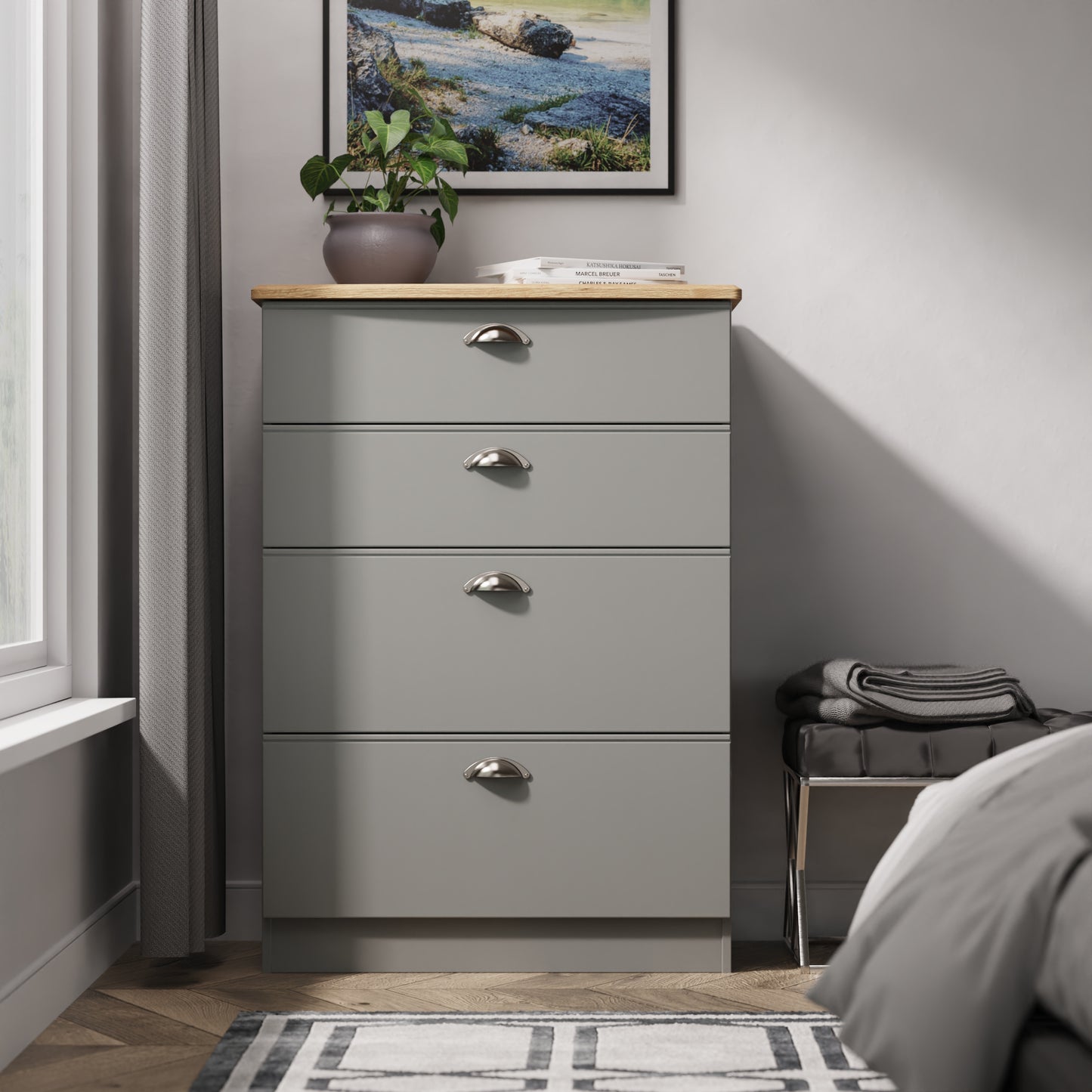 Victoria Tall Chest of Drawers Grey & Light Oak 4 Drawers 77cm