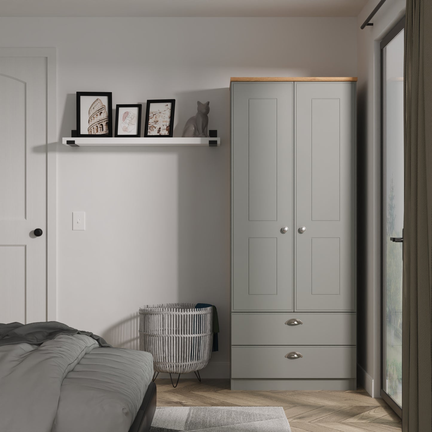 Victoria Tall Wardrobe Grey & Light Oak 2 Doors 2 Drawers 74cm