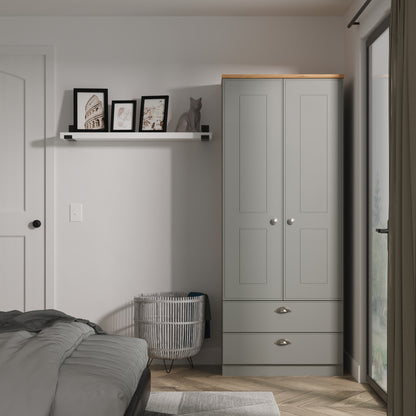 Victoria Tall Wardrobe Grey & Light Oak 2 Doors 2 Drawers 74cm