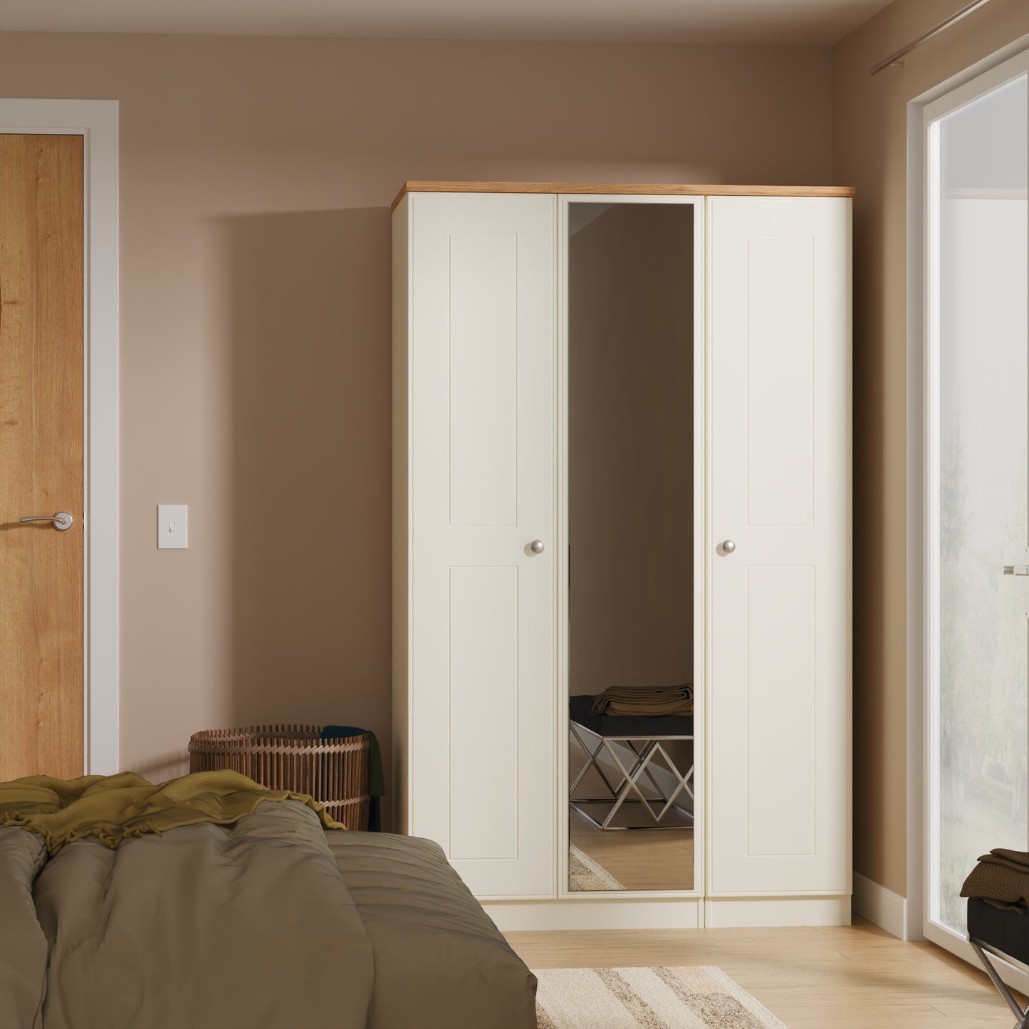 Victoria Tall Mirror Wardrobe Cream & Light Oak 1 Shelf 111cm