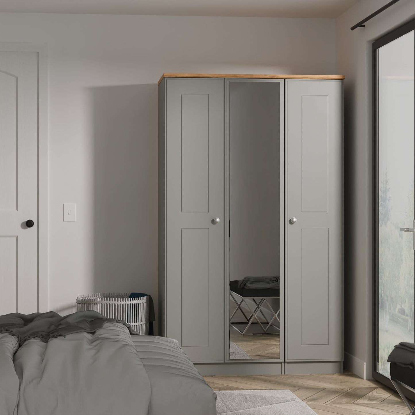 Victoria Tall Mirror Wardrobe Grey & Light Oak 1 Shelf 111cm
