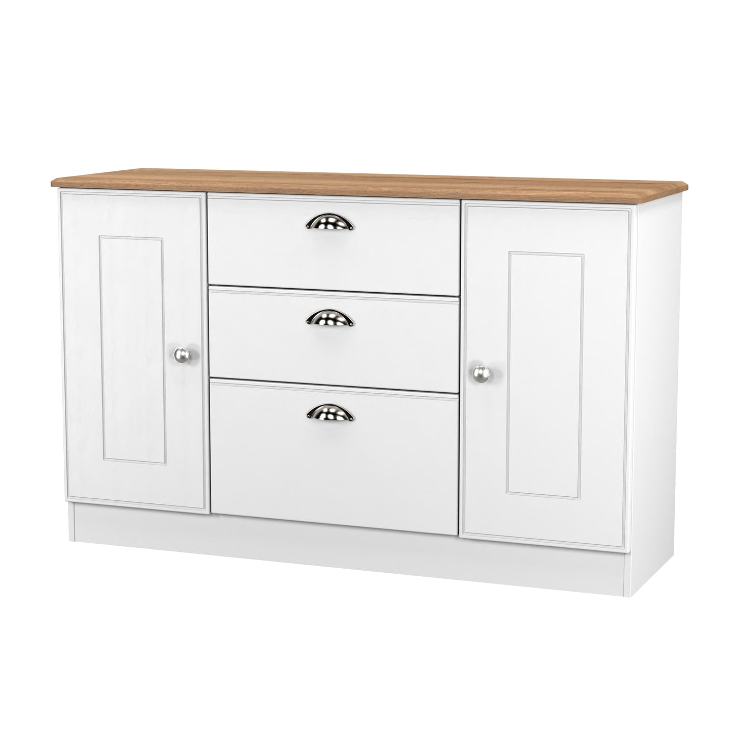 Victoria Large Sideboard White & Light Oak 2 Doors 3 Drawers 128cm