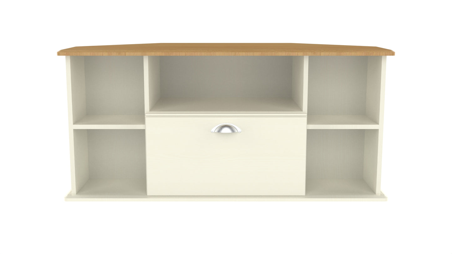 Victoria Corner Corner TV Unit Cream & Light Oak 5 Shelves 1 Drawer 112cm