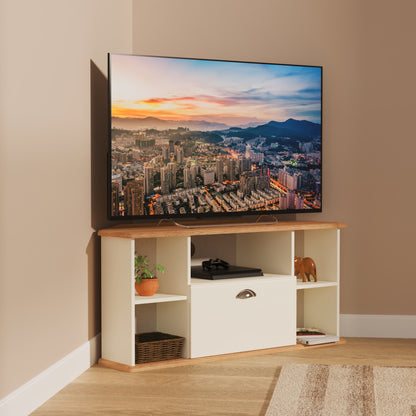 Victoria Corner Corner TV Unit Cream & Light Oak 5 Shelves 1 Drawer 112cm