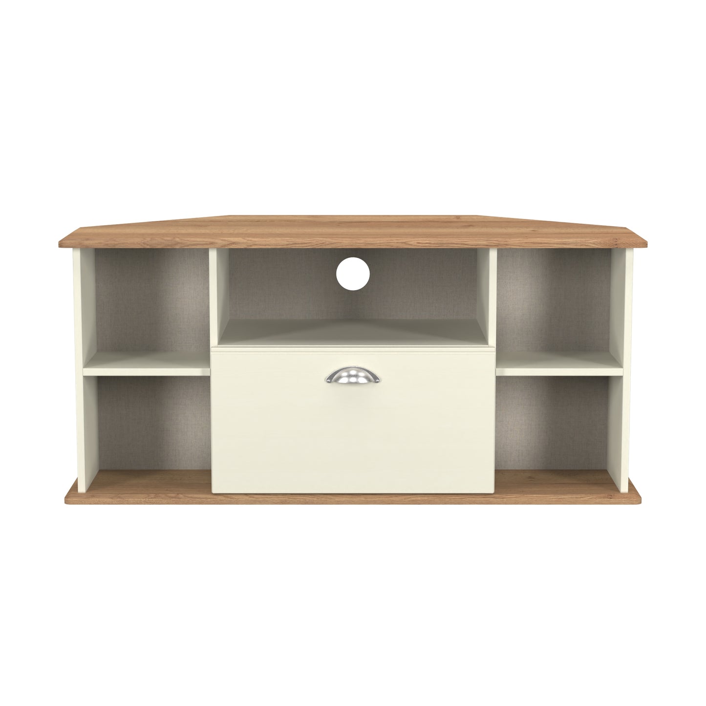 Victoria Corner Corner TV Unit Cream & Light Oak 5 Shelves 1 Drawer 112cm