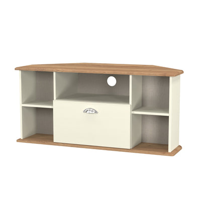 Victoria Corner Corner TV Unit Cream & Light Oak 5 Shelves 1 Drawer 112cm