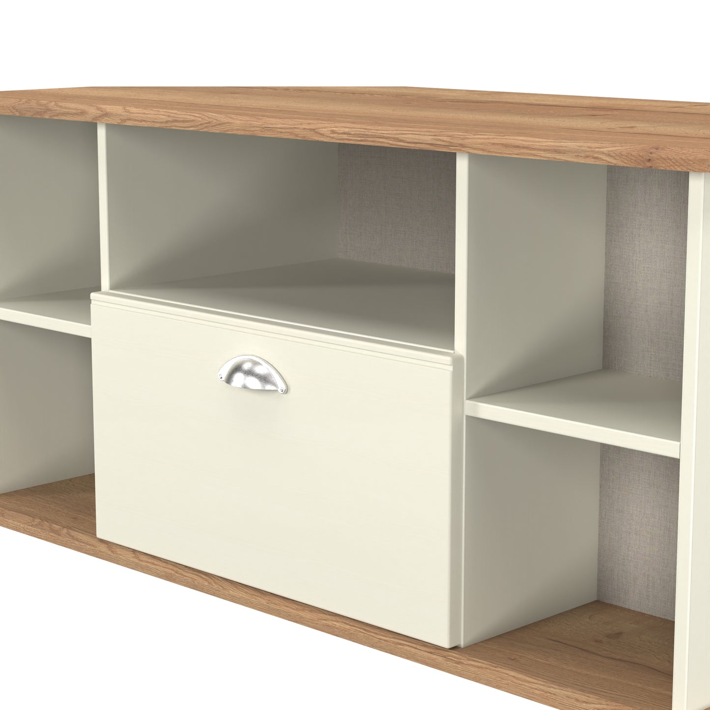 Victoria Corner Corner TV Unit Cream & Light Oak 5 Shelves 1 Drawer 112cm