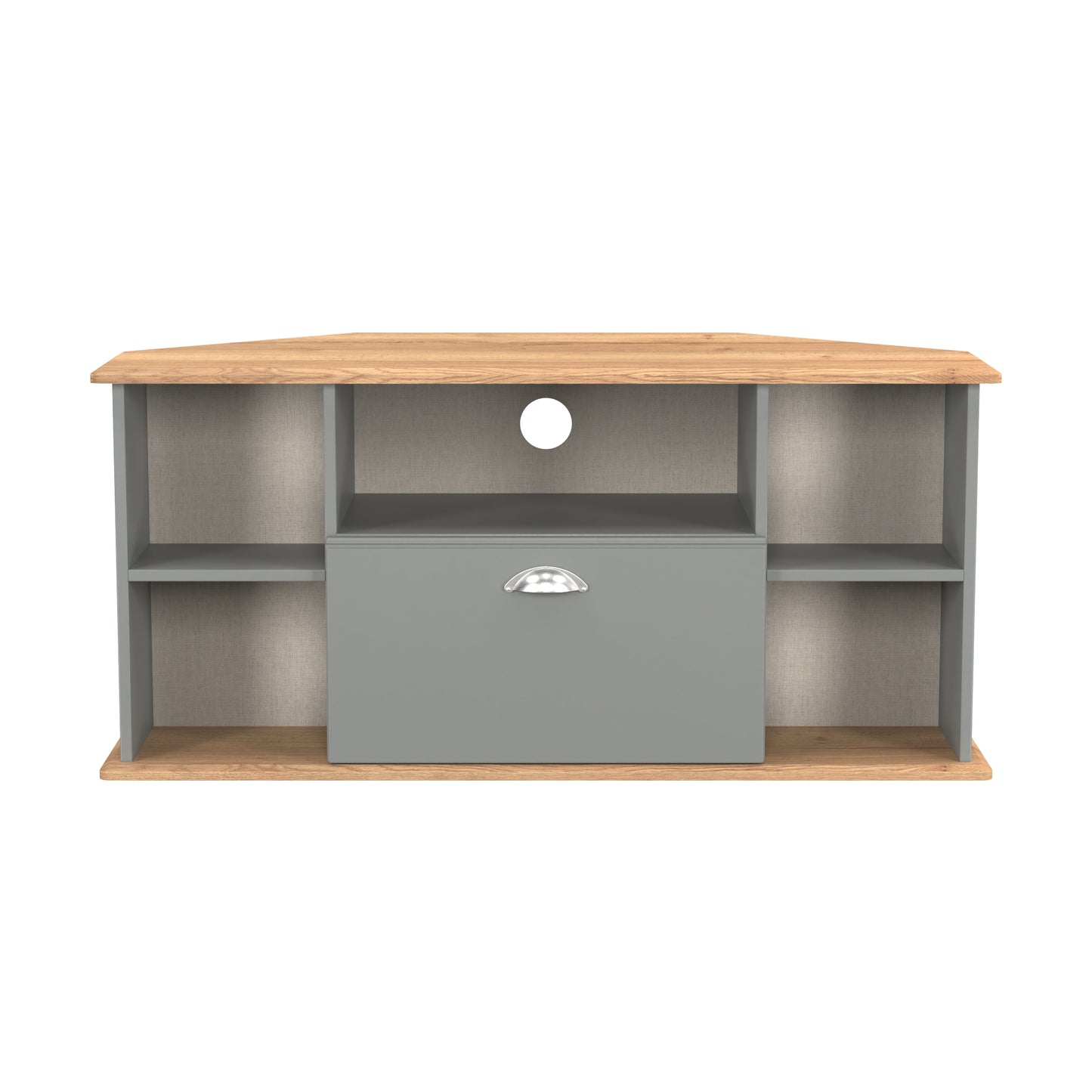 Victoria Corner Corner TV Unit Grey & Light Oak 5 Shelves 1 Drawer 112cm