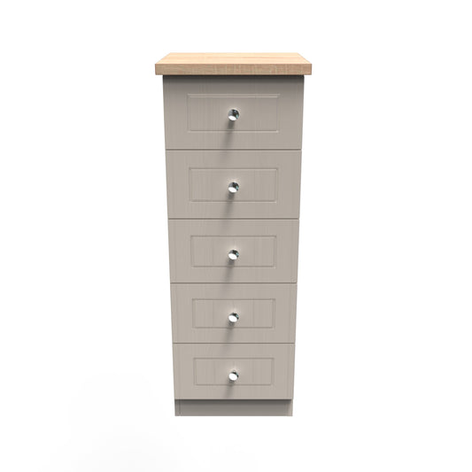 Vienna Tall Tallboy Off-white & Light Oak 5 Drawers 37cm