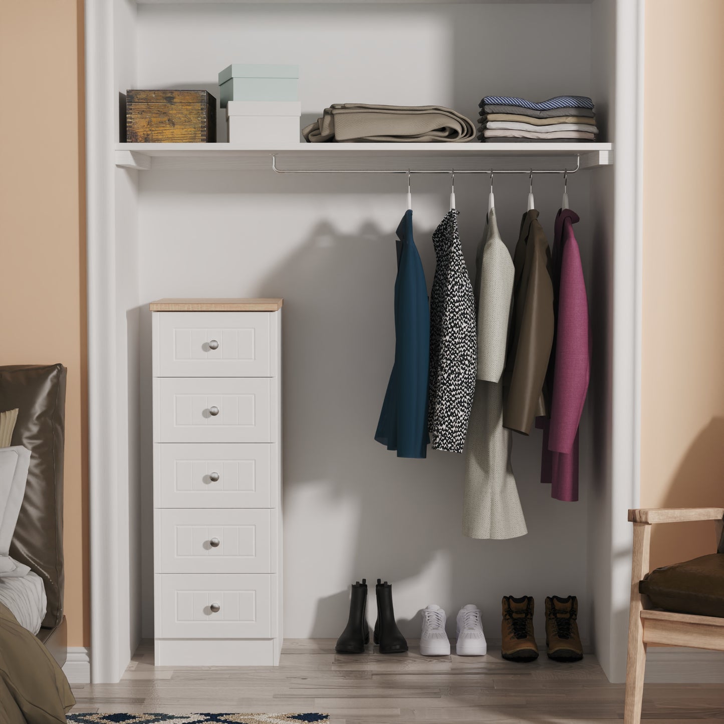 Vienna Tall Tallboy White & Light Oak 5 Drawers 37cm