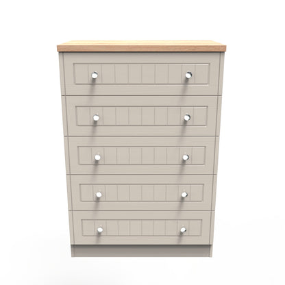 Vienna Tall Chest of Drawers Off-white & Light Oak 5 Drawers 74cm