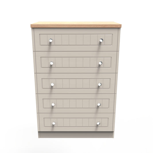 Vienna Tall Chest of Drawers Off-white & Light Oak 5 Drawers 74cm