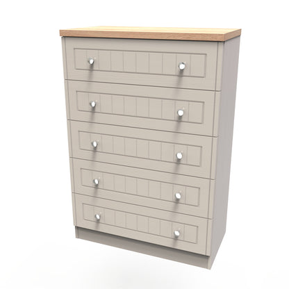 Vienna Tall Chest of Drawers Off-white & Light Oak 5 Drawers 74cm