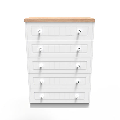 Vienna Tall Chest of Drawers White & Light Oak 5 Drawers 74cm