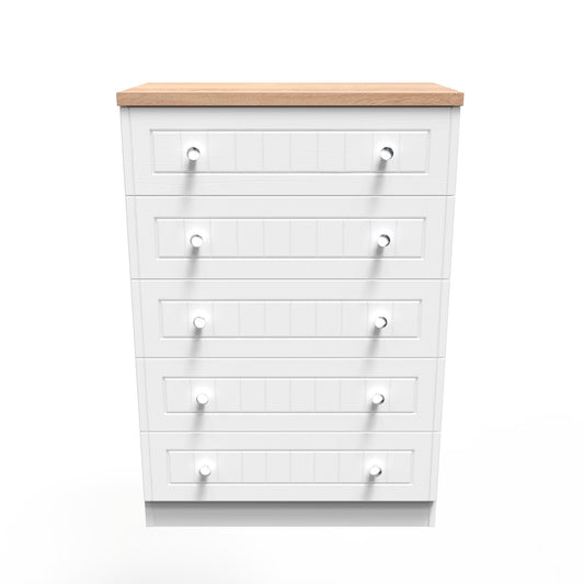 Vienna Tall Chest of Drawers White & Light Oak 5 Drawers 74cm