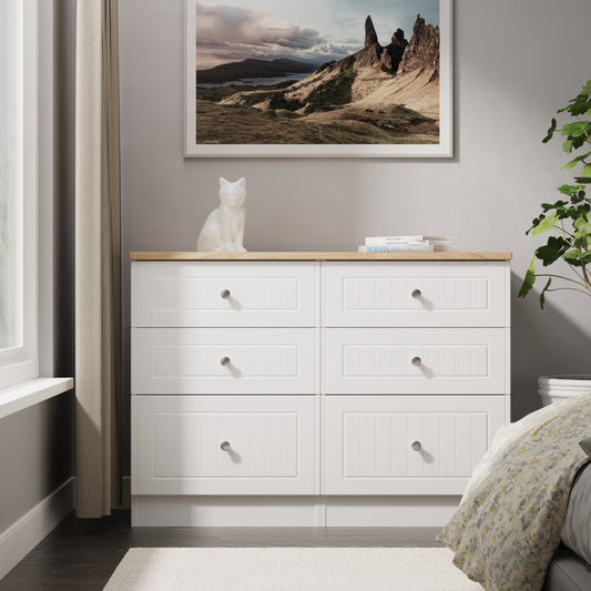Vienna Large Chest of Drawers White & Light Oak 6 Drawers 110cm