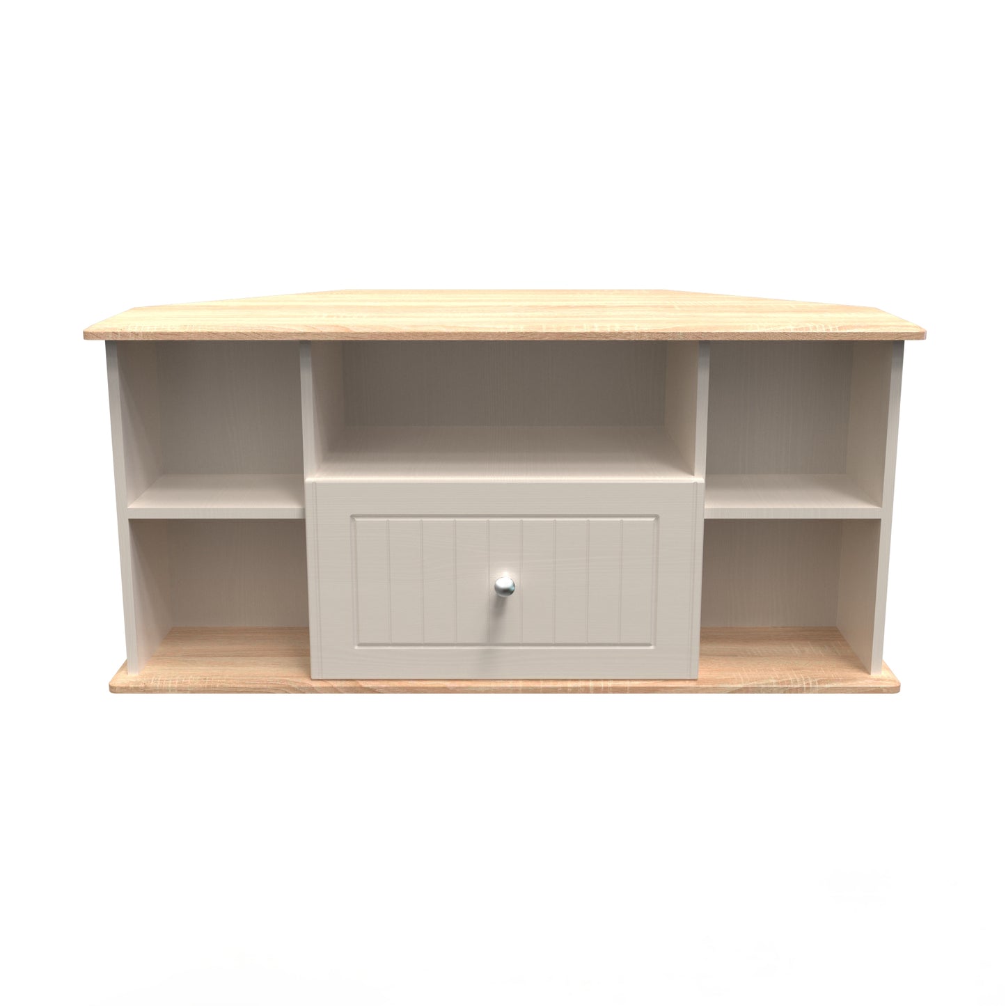 Vienna Corner Corner TV Unit Off-white & Light Oak 5 Shelves 1 Drawer 110cm