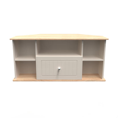 Vienna Corner Corner TV Unit Off-white & Light Oak 5 Shelves 1 Drawer 110cm