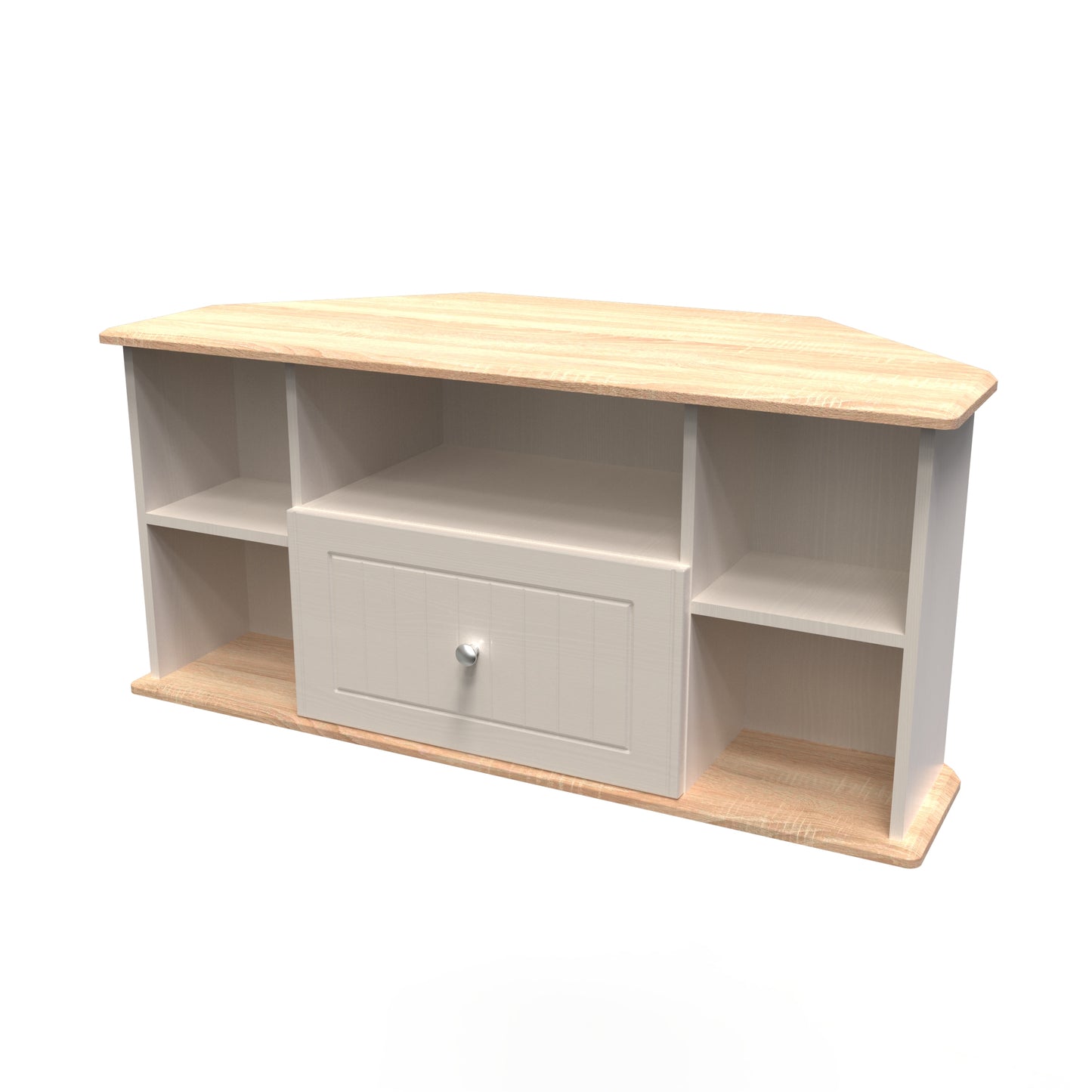 Vienna Corner Corner TV Unit Off-white & Light Oak 5 Shelves 1 Drawer 110cm