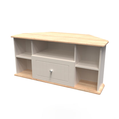 Vienna Corner Corner TV Unit Off-white & Light Oak 5 Shelves 1 Drawer 110cm
