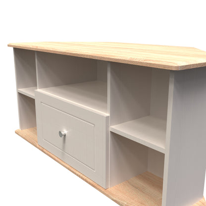 Vienna Corner Corner TV Unit Off-white & Light Oak 5 Shelves 1 Drawer 110cm