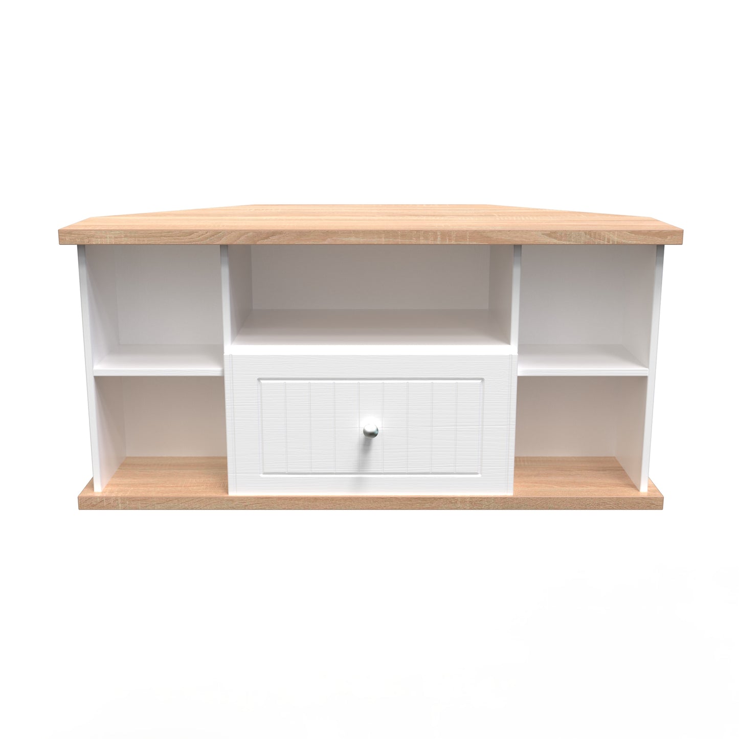 Vienna Corner Corner TV Unit White & Light Oak 5 Shelves 1 Drawer 110cm