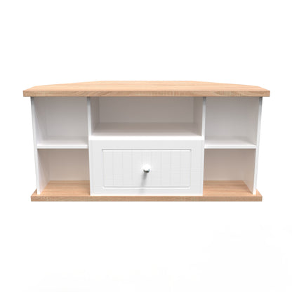 Vienna Corner Corner TV Unit White & Light Oak 5 Shelves 1 Drawer 110cm