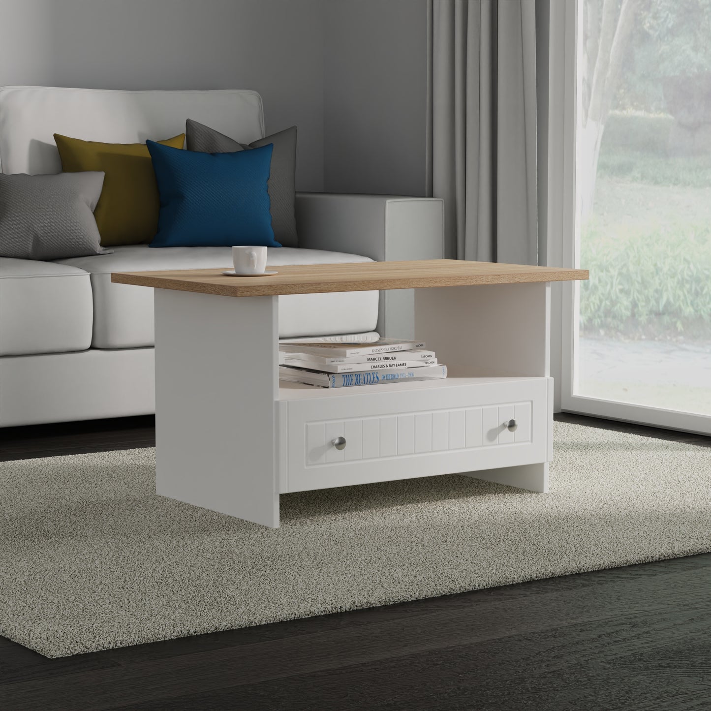 Vienna Coffee Table White & Light Oak 1 Shelf 1 Drawer 93cm