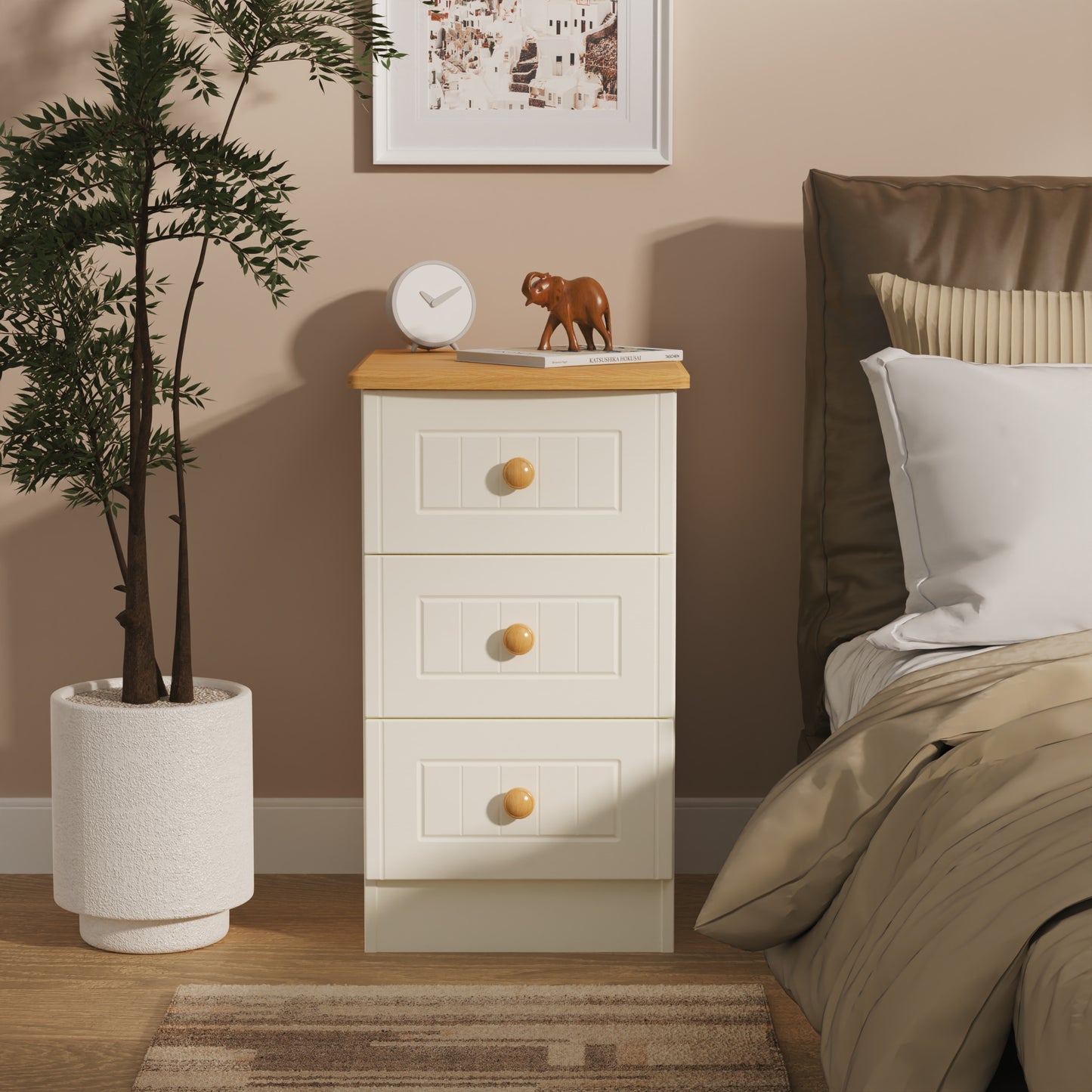 Warwick Bedside Table Cream & Oak 3 Drawers 40cm