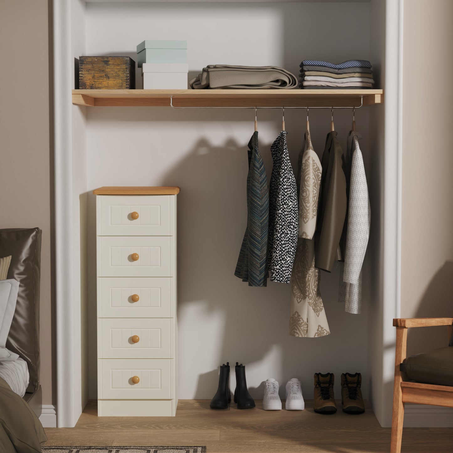 Warwick Tall Tallboy Cream & Oak 5 Drawers 40cm