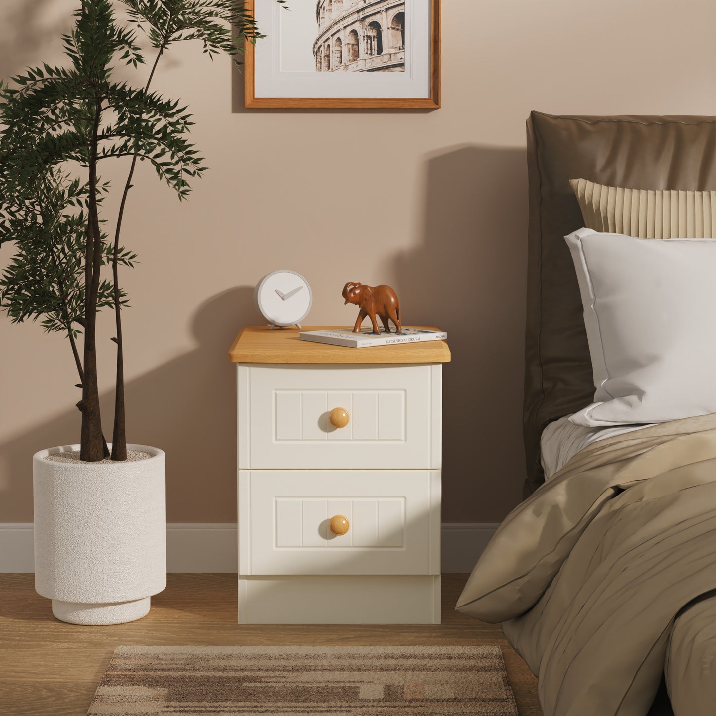 Warwick Bedside Table Cream & Oak 2 Drawers 40cm