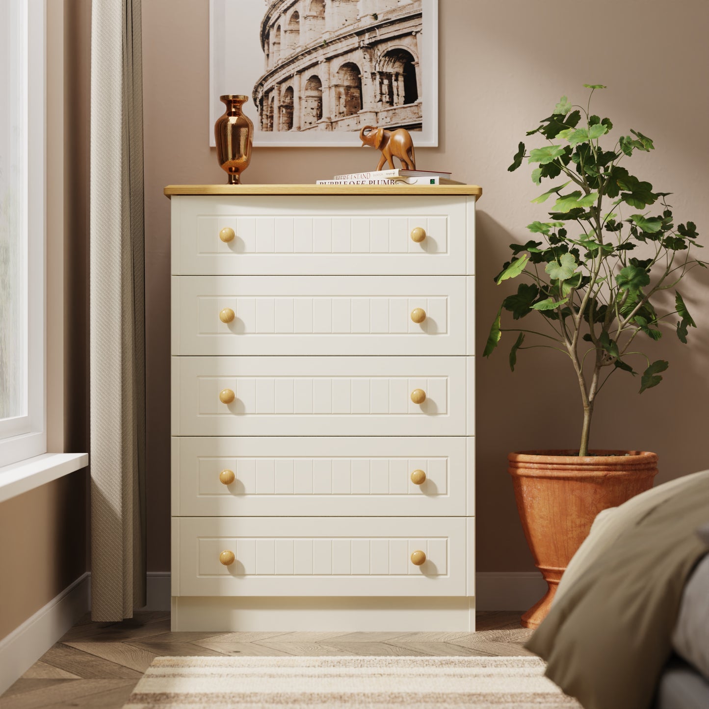 Warwick Tall Chest of Drawers Cream & Oak 5 Drawers 77cm