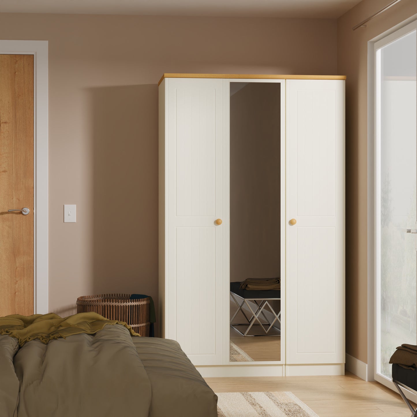 Warwick Tall Mirror Wardrobe Cream & Oak 111cm