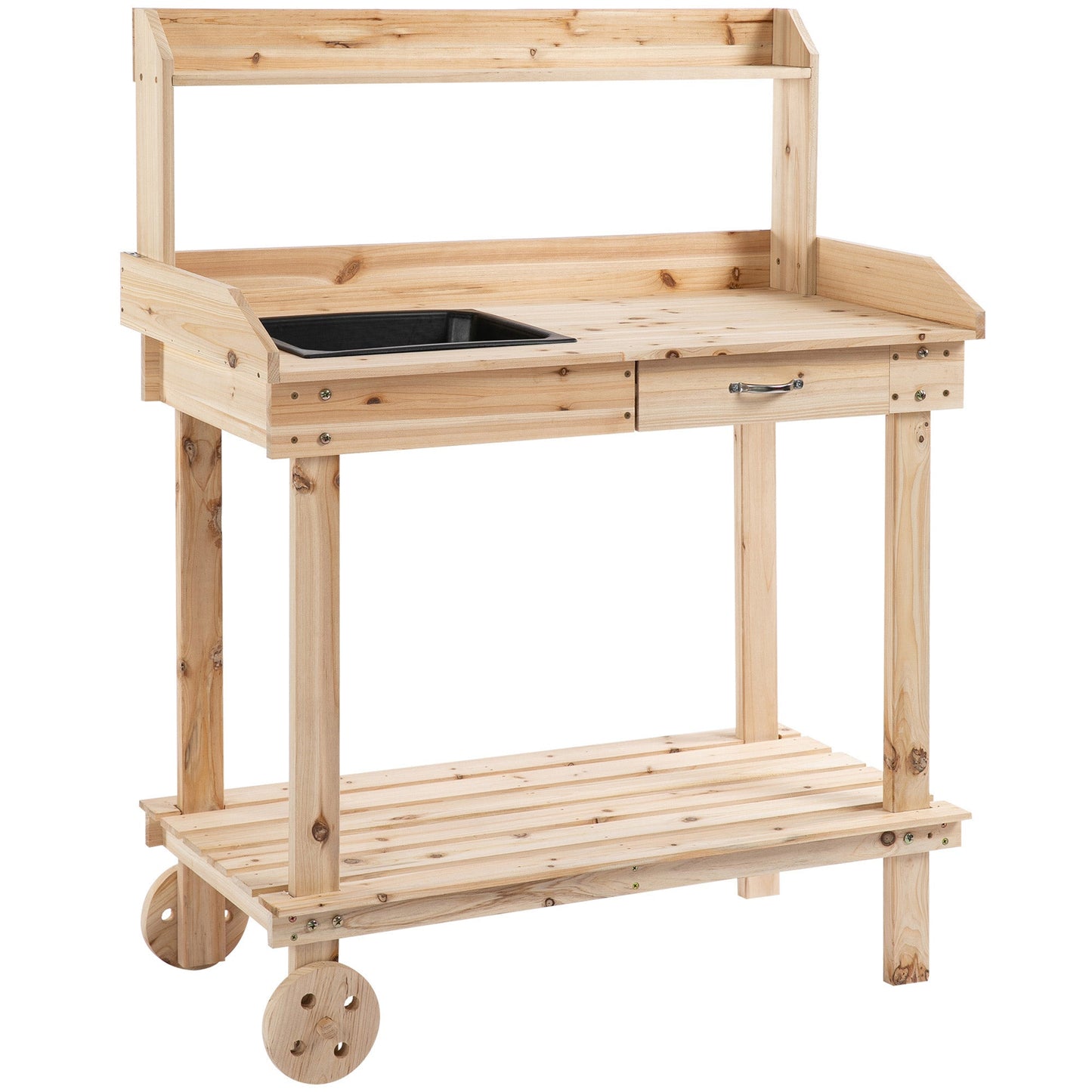 Wooden Potting Bench Work Table with 2 Removable Wheels
