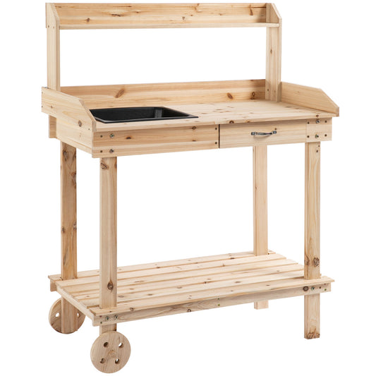 Wooden Potting Bench Work Table with 2 Removable Wheels