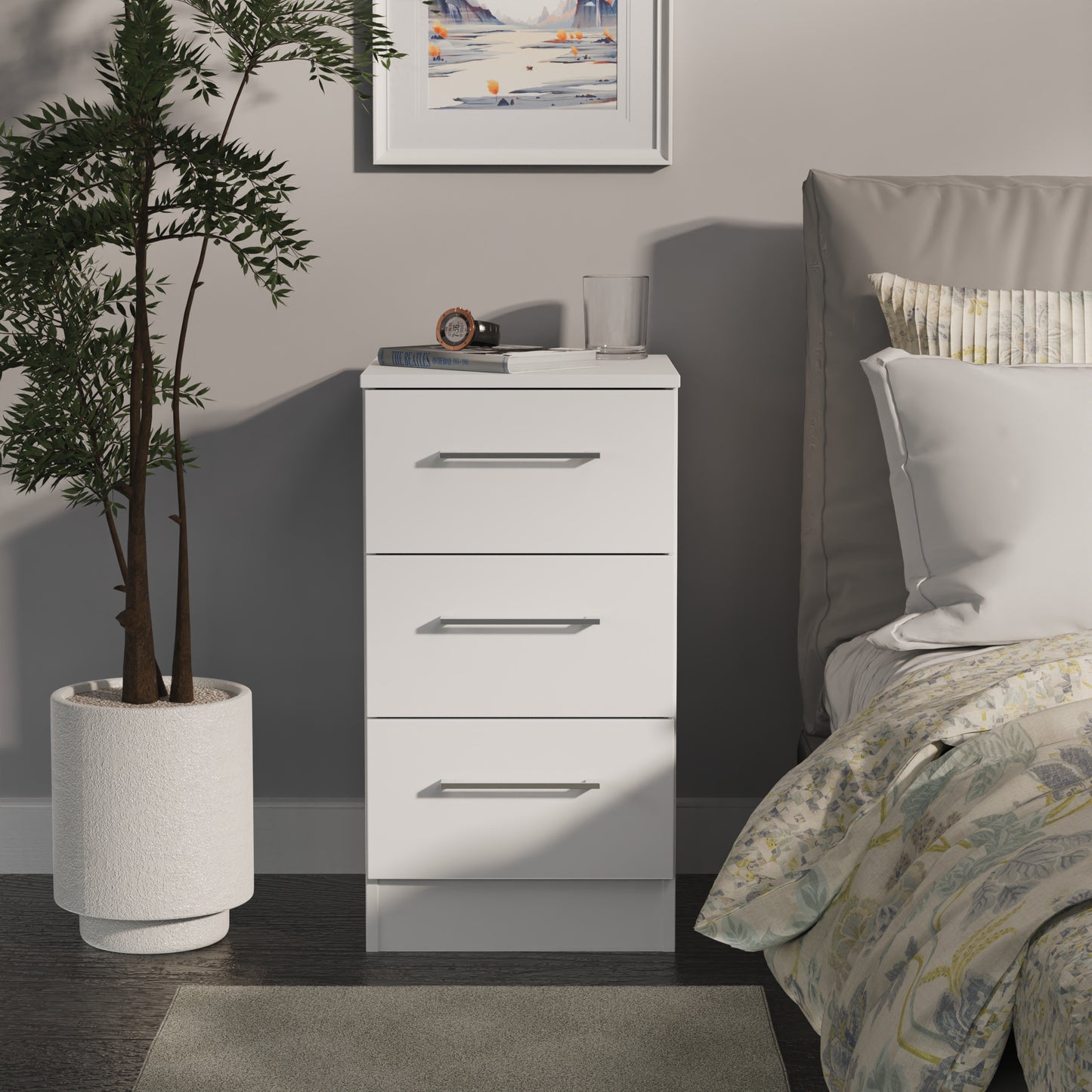 Worcester Bedside Table White 3 Drawers 37cm
