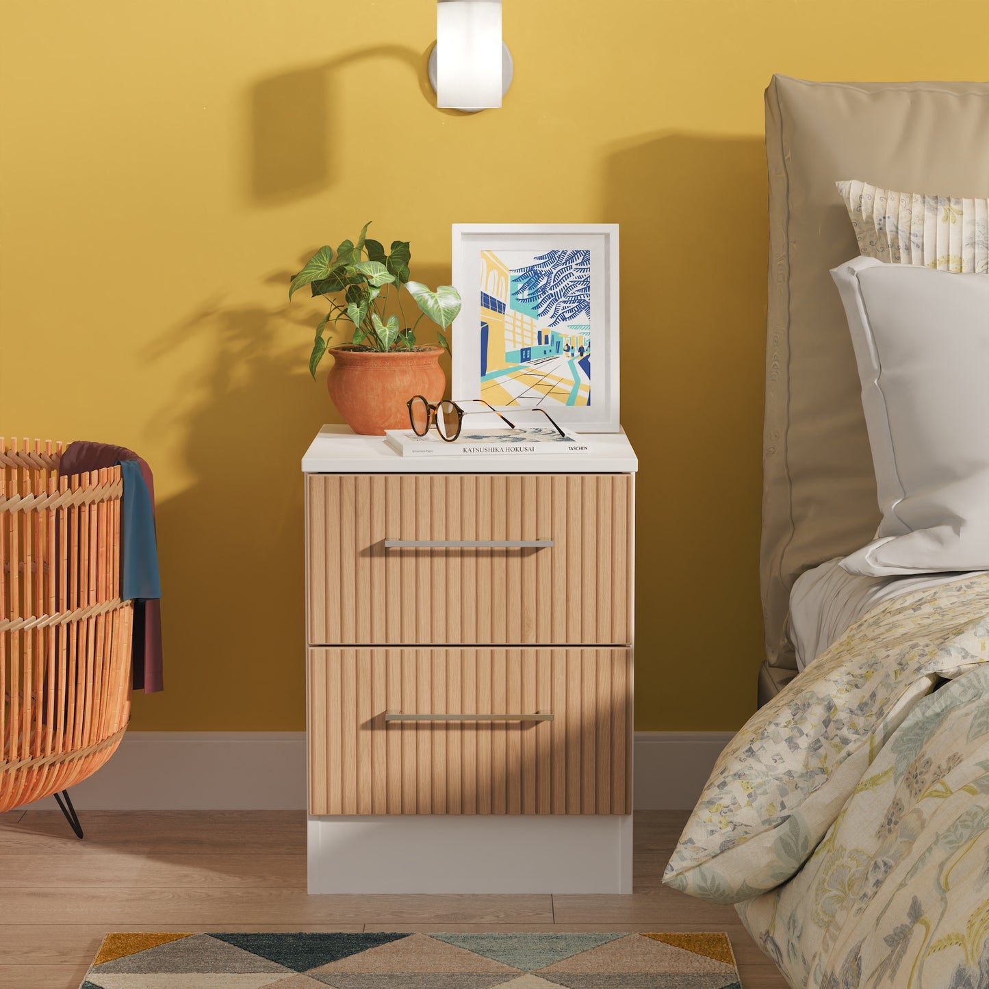 Worcester Bedside Table White & Light Oak 2 Drawers 37cm