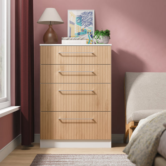 Worcester Tall Chest of Drawers White & Light Oak 4 Drawers 74cm