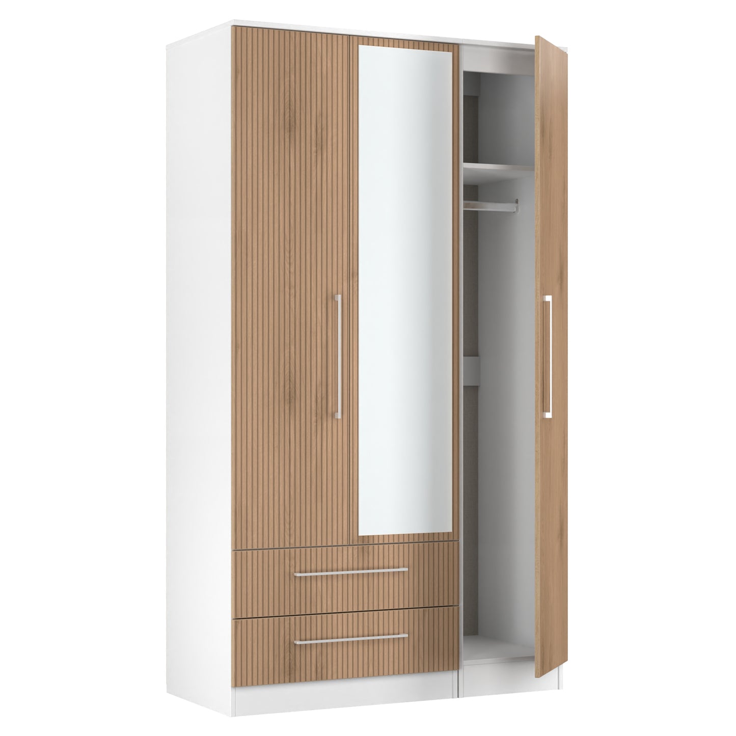 Worcester Tall Mirror Wardrobe White & Light Oak 2 Drawers 111cm