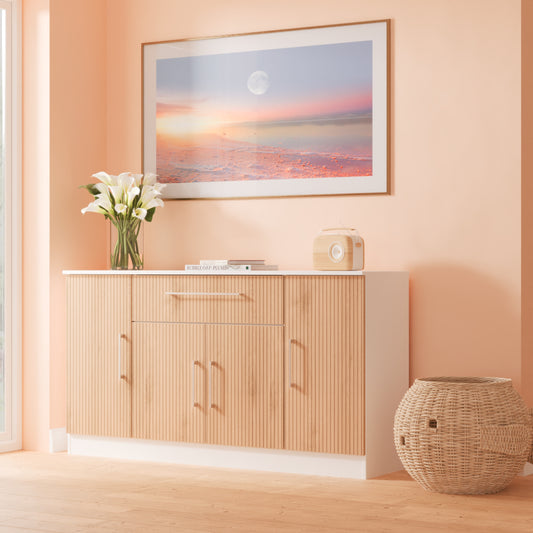 Worcester Large Sideboard White & Light Oak 4 Doors 2 Shelves 1 Drawer 144cm