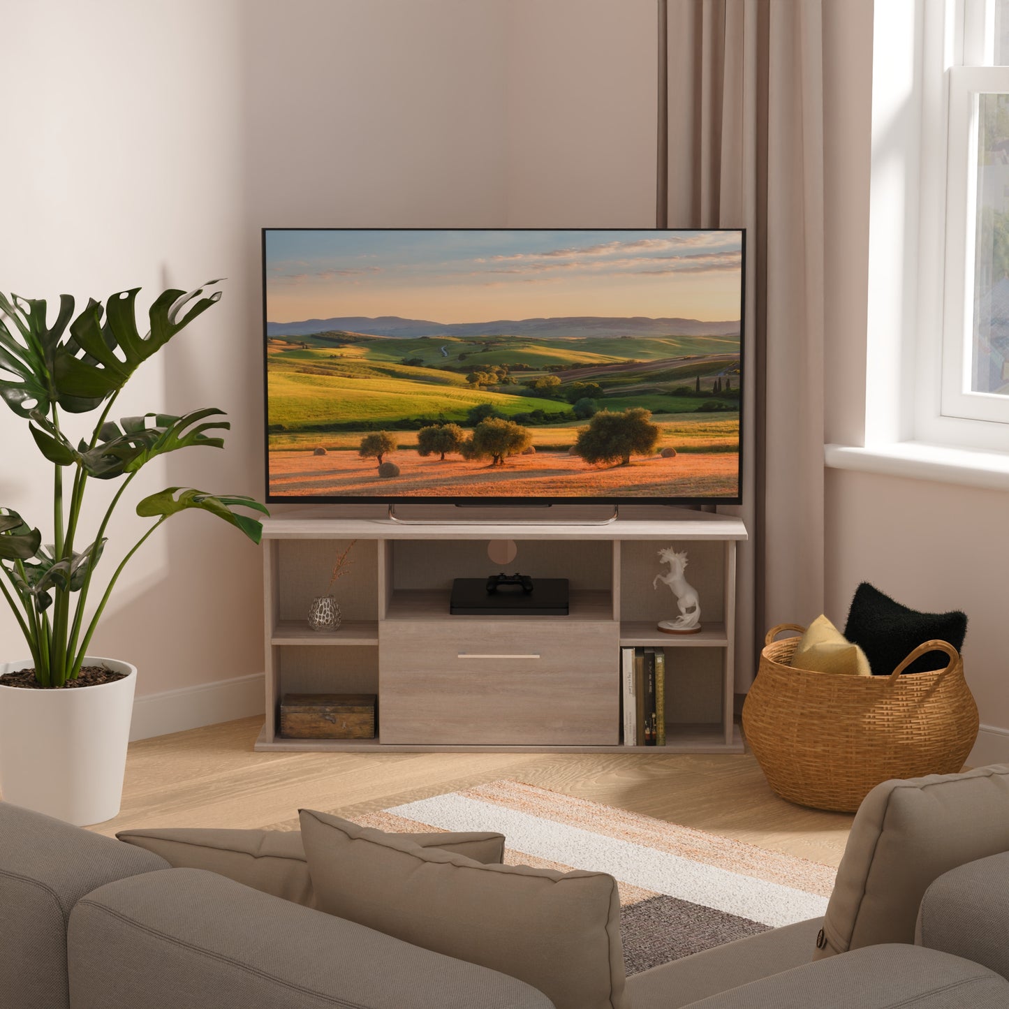 Worcester Corner Corner TV Unit Light Grey 5 Shelves 1 Drawer 110cm