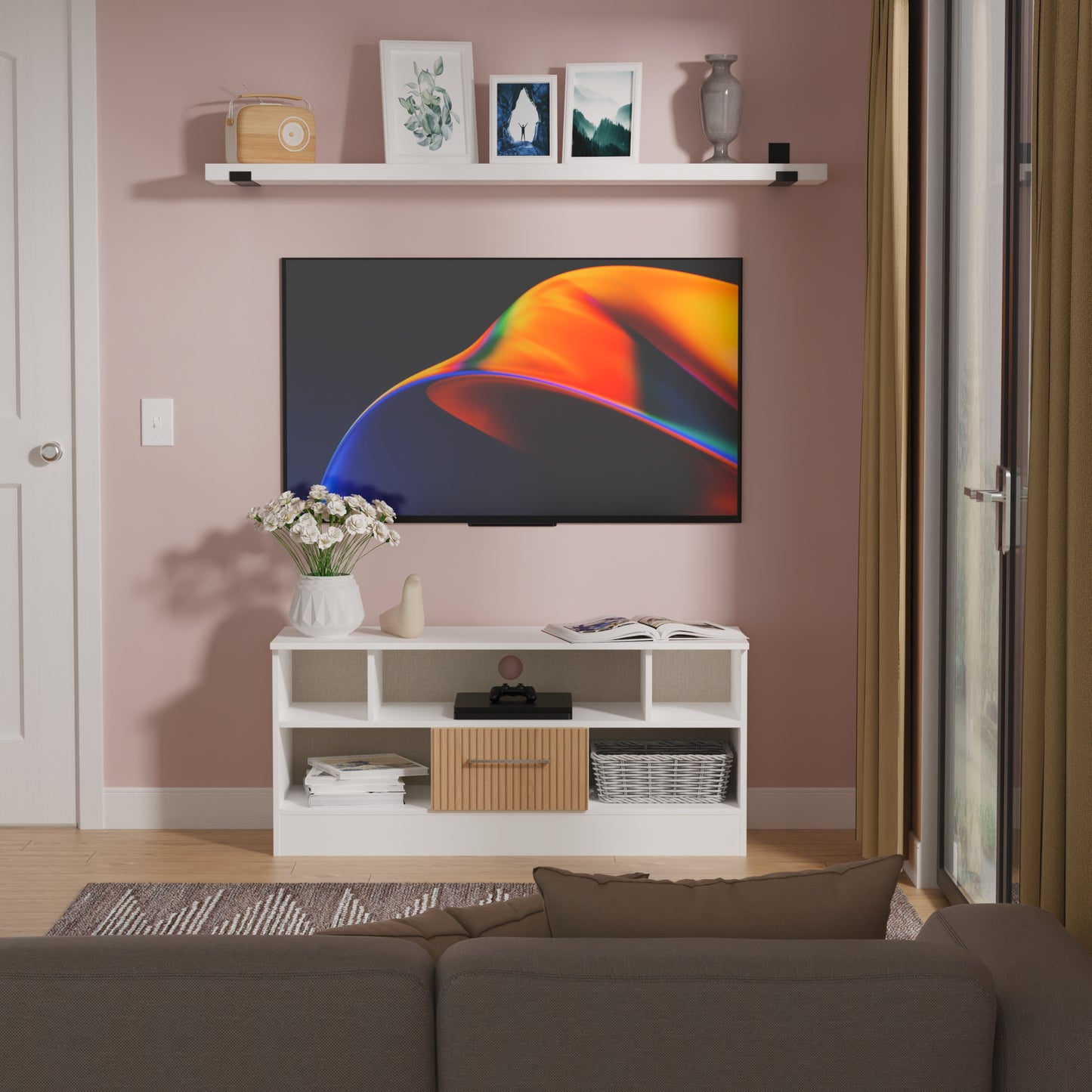 Worcester TV Unit White & Light Oak 5 Shelves 1 Drawer 110cm