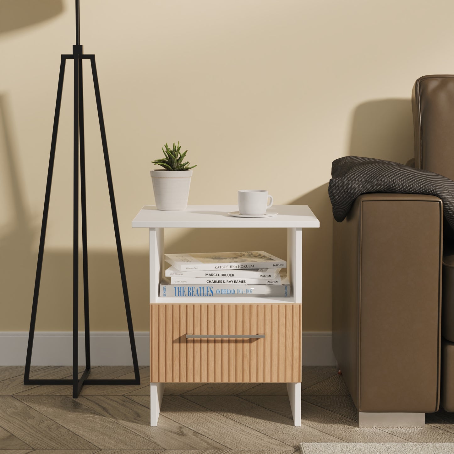 Worcester Side Table White & Light Oak 1 Shelf 1 Drawer 44cm