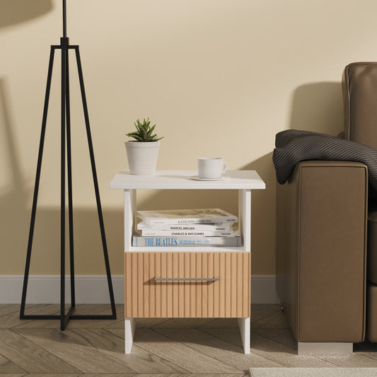 Worcester Side Table White & Light Oak 1 Shelf 1 Drawer 44cm