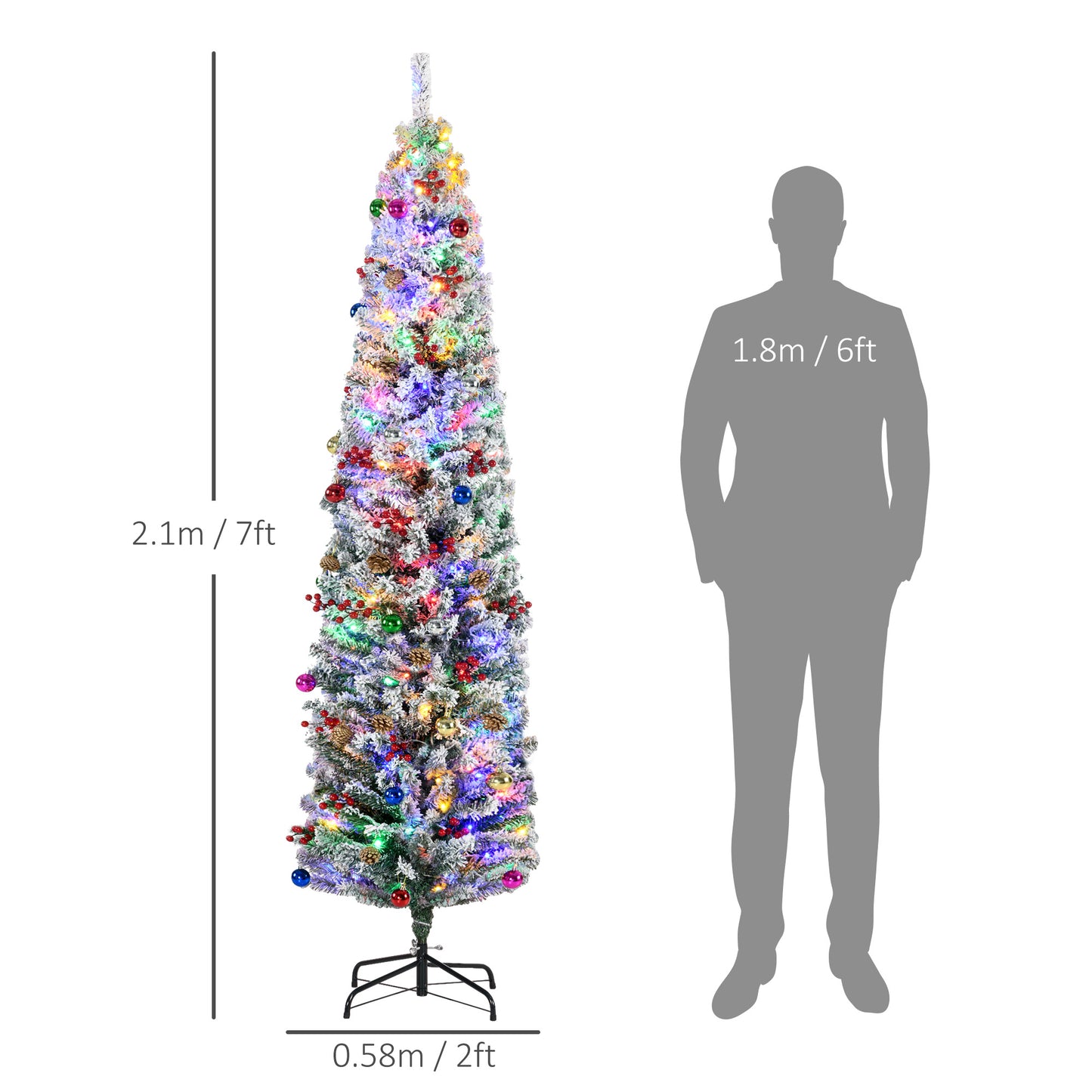 7ft Decorated Christmas Tree Artificial - White Frosted Green with LED Lights Multicoloured 592 Tips